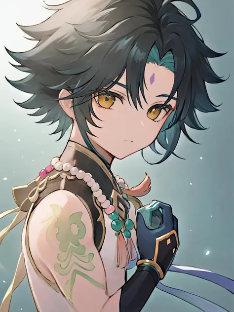 ultra-detailed,(best quality),((masterpiece)),(highres),original,extremely,<lora:Xiaox_xl:1>,(\xiao\),1boy, solo, male focus, jewelry, gloves, beads, bead necklace, ahoge, bangs,tassel,