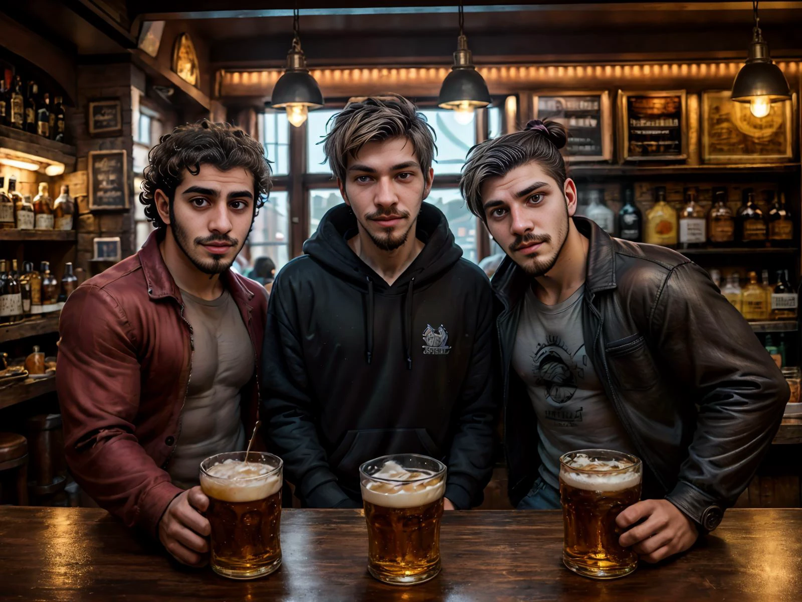 32K, Masterpiece, cinematic lighting, perfect shading, art station enhanced, visually arresting photograph of three men in a pub,
ADDCOMM
view from in front of a bar, crowd of people waiting to order
ADDROW
<lora:OmarNobody:1> OmarNobody, curly hair, facial hair, tight silk shirt,
ADDCOL
<lora:JacobNobody:1> JacobNobody, goatee, dirty_blond, facial hair, sweatshirt hoodie,
ADDCOL
<lora:TravisNobody:1> TravisNobody, man bun, black hair, facial hair, jean jacket, t-shirt,
ADDROW
bar counter, beer tap, pilsner glasses, shot glasses, beer bottles
