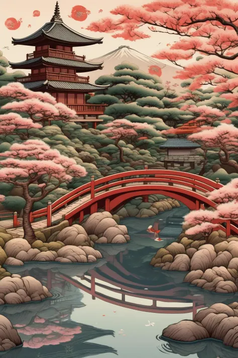 <lora:Hasui Kawase Style:1>Hasui Kawase Style - Illustrate an Ukiyo-e inspired artwork, featuring a tranquil Japanese garden with a cherry blossom tree in full bloom, a small bridge over a koi pond, and a classic pagoda in the distance.