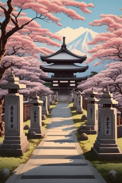 <lora:Hasui Kawase Style:1>Hasui Kawase Style - A tranquil Japanese cemetery with stone lanterns and cherry blossoms