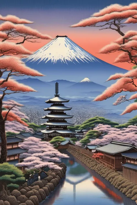 <lora:Hasui Kawase Style:1>Hasui Kawase Style - In the style of Kawase Hasui, envision a spirited summer scene set against the backdrop of the historic city of Kyoto. The grandeur of Mount Fuji looms in the distance, its iconic, snow-capped peak forming a striking contrast to the balmy summer atmosphere. As the sun gracefully descends, the sky transforms into a tapestry of twilight hues, setting the stage for an evening of enchantment. The night sky comes alive with the vibrant bloom of hanabi, each burst of color reflecting in the tranquil waters of the Kamo River below. Along the riverbanks, festival-goers clothed in vibrant yukatas add to the colorful spectacle, their laughter and merriment echoing into the night. Kyoto's timeless architecture forms a captivating silhouette against the illuminated sky, a testament to the city's harmonious blend of tradition and modernity. This is a celebration of a Kyoto summer at its zenith, brought to life with the expressive detail and intricate color pallet characteristic of Hasui's work32K