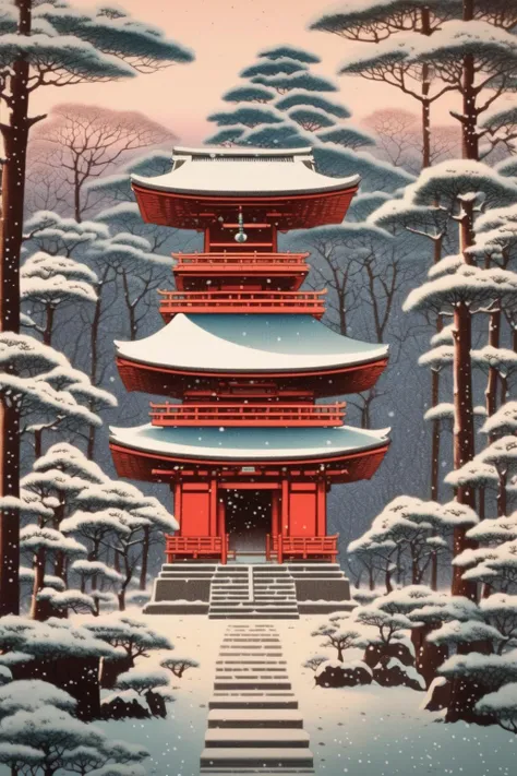 <lora:Hasui Kawase Style:1>Hasui Kawase Style - a dreamy poster of old shinto shrine in the winter forest in Japan, in the classic japanese style of Hasui Kawases 900