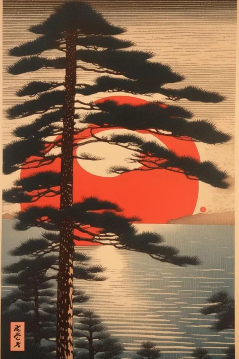 <lora:Hasui Kawase Style:1>Hasui Kawase Style - Calm at last, Sweet breeze sings in heart, Tall pine tree bathed in sunlight, woodblock print made