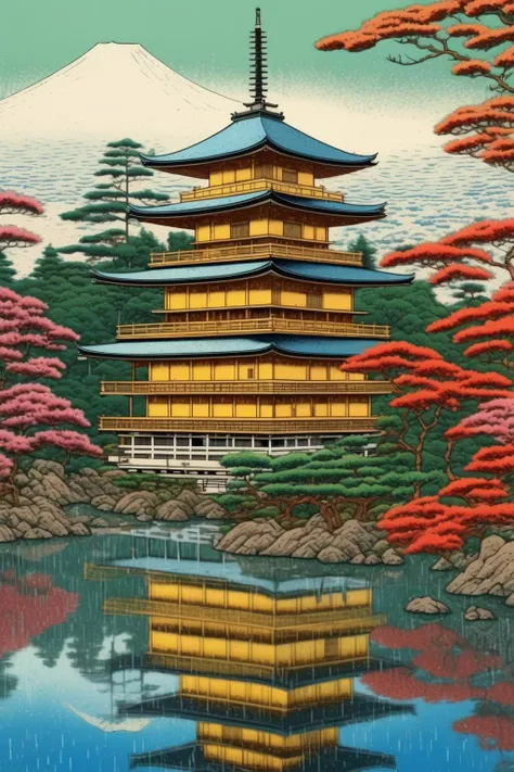 <lora:Hasui Kawase Style:1>Hasui Kawase Style - Kinkaku-ji colorful, ultra detailed in the style of Hiroshige
