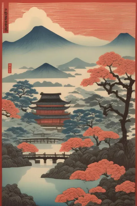 <lora:Hasui Kawase Style:1>Hasui Kawase Style - Landscape, watermark woodblock printing, simple color scheme, large area, Chinese New Year painting style
