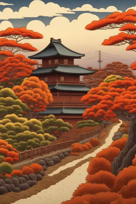 <lora:Hasui Kawase Style:1>Hasui Kawase Style - autumn landscape in the style of kawase hasui