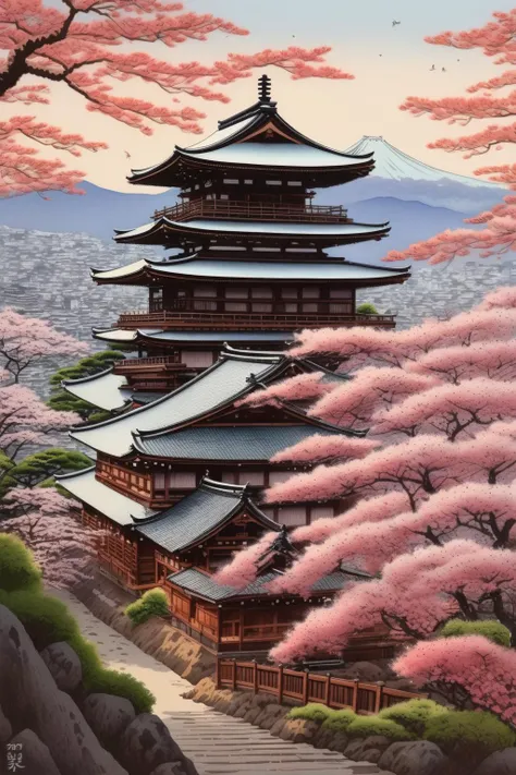<lora:Hasui Kawase Style:1>Hasui Kawase Style - In the gentle and evocative style of Kawase Hasui, a mesmerizing scene unfolds in Kyoto during sakura season. The historic Kiyomizu-dera Temple stands majestically in the distance, its wooden structure and tiered roofs blending seamlessly with the surrounding hills. The foreground of the scene is alive with cherry blossom trees in full bloom, their delicate pink petals scattered by a soft breeze to create a magical snowfall of flowers. Serene paths wind through the sakura trees, leading to a stone lantern and a tranquil pond that perfectly mirrors the breathtaking spectacle. The vibrant colors of the cherry blossoms contrast beautifully with the peaceful greens and browns of the temple and the landscape, all rendered in Hasui's unique watercolor technique. As the sun sets, the scene takes on a gentle glow, capturing the ephemeral beauty of sakura season in Kyoto, and evoking a sense of nostalgia and tranquility,32K