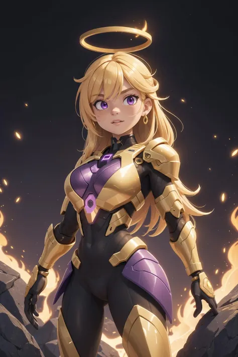 (masterpiece, best quality, ultra-detailed), 1girl, golden hair, purple eyes, neon, black armor, gold, golden, glowing, mechanical arms, fire, (halo), black background