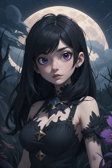 (masterpiece, best quality, ultra-detailed), 1girl, black hair, purple eyes, night, dark, horror \(theme\), moon,