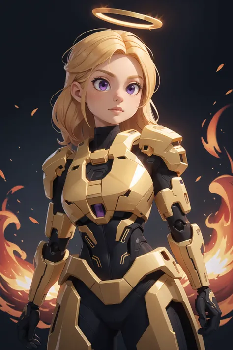 (masterpiece, best quality, ultra-detailed), 1girl, golden hair, purple eyes, gold, golden, glowing, mechanical arms, fire, (halo), black background,