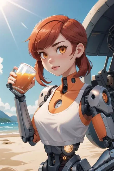 (masterpiece, best quality, ultra-detailed), 1girl, red hair, orange eyes, pale skin, ((mechanical parts)), beach, sunlight, very tall, ((cyborg)), tank top, ((holding cup,)), ((swiss))