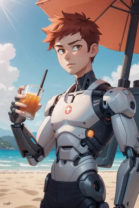 (masterpiece, best quality, ultra-detailed), 1boy, red hair, orange eyes, pale skin, ((mechanical parts)), beach, sunlight, very tall, ((cyborg)), tank top, ((holding cup,)), ((swiss))