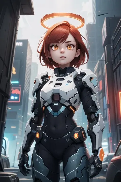 (masterpiece, best quality, ultra-detailed), 1girl, red hair, orange eyes, pale skin, glowing, mechanical parts, neon lights, (halo), cityscape,