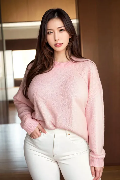 1girl, aisayama_jav, breasts, long hair, parted lips, lipstick, standing, <lora:JAV_ai_sayama_v1_epoch_10:0.8>
wearing pink sweater, white pants,
looking at viewer, shot using canon DSLR,
detailed body, attractive body, perfect human body, realistic face,
(ultimate quality, masterpiece, highres:1.0), realistic:1.6, photorealistic,