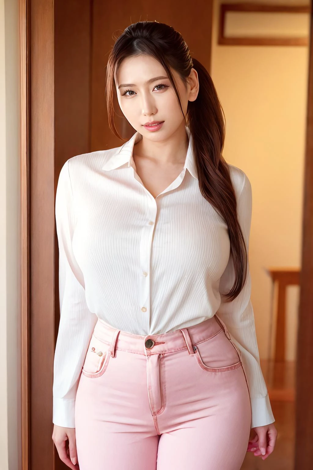 1girl, aisayama_jav, breasts, long hair, parted lips, ponytail, lipstick, standing, <lora:JAV_ai_sayama_v1_epoch_10:0.8>
wearing pink blouse, white pants, highwaist,
looking at viewer, shot using canon DSLR,
detailed body, attractive body, perfect human body, realistic face,
(ultimate quality, masterpiece, highres:1.0), realistic:1.6, photorealistic,