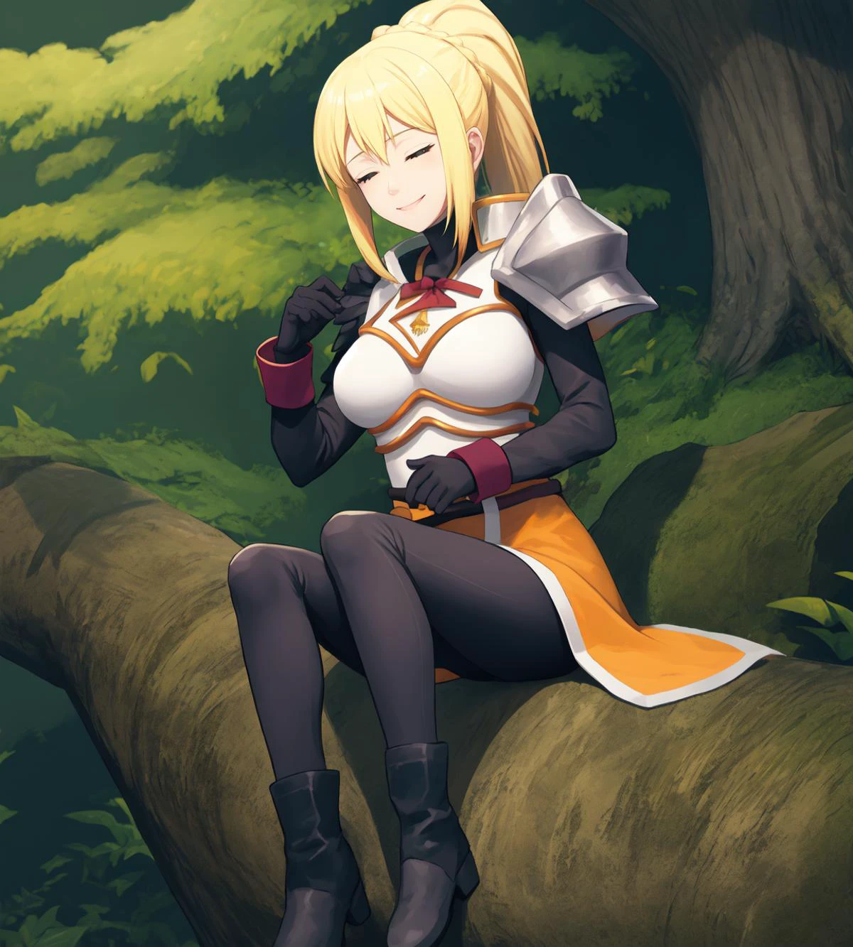 (high quality:1.1), extremely detailed, shadow, cinematic lighting,
(lalatina:1.2), 1girl, solo, lying, leaning back, leaning on tree, sword, full body,
half-closed eyes, sleepy, smile,
blonde hair, ponytail, x hair ornament, blue eyes,
armor, breastplate, pauldrons, bracers, (faulds:1.1), orange battleskirt, battleskirt, pelvic curtain, black gloves, armored boots,
large breasts, cleavage,
(tree:1.2), forest, twilight,
<lora:lalatina2020konosuba.NmUH:0.9> <lora:half-closed eyes:1>