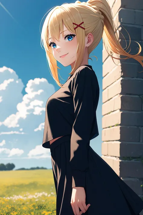1girl, solo, (lalatina:1.2),
blonde hair, ponytail, x hair ornament,
blue eyes, looking at viewer,
smile, dot nose,
white shirt, black skirt,
standing,
outdoors, nature, blue sky, clouds,
<lora:Lalatina - Konosuba v1.1:1>
