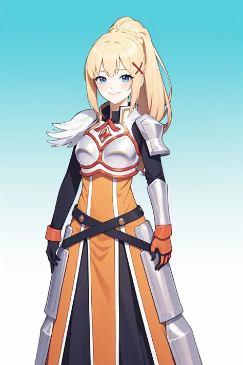 1girl, solo, lalatina,
blonde hair, ponytail, x hair ornament,
blush, blue eyes, looking at viewer,
smile, dot nose,
armor, pauldrons, breastplate, orange bracers, faulds, orange battleskirt, pelvic curtain, armored boots,
white background, simple background, standing,
<lora:Lalatina - Konosuba v1.1:1>
<lora:YanWan:1>