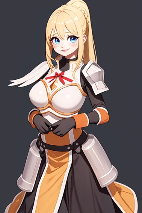 1girl, solo, lalatina,
blonde hair, ponytail, x hair ornament,
blush, blue eyes, looking at viewer,
smile, dot nose,
armor, pauldrons, breastplate, orange bracers, faulds, orange battleskirt, pelvic curtain,
white background, simple background, standing,
<lora:Lalatina - Konosuba v1.1:1>
<lora:Yabby v2:1>