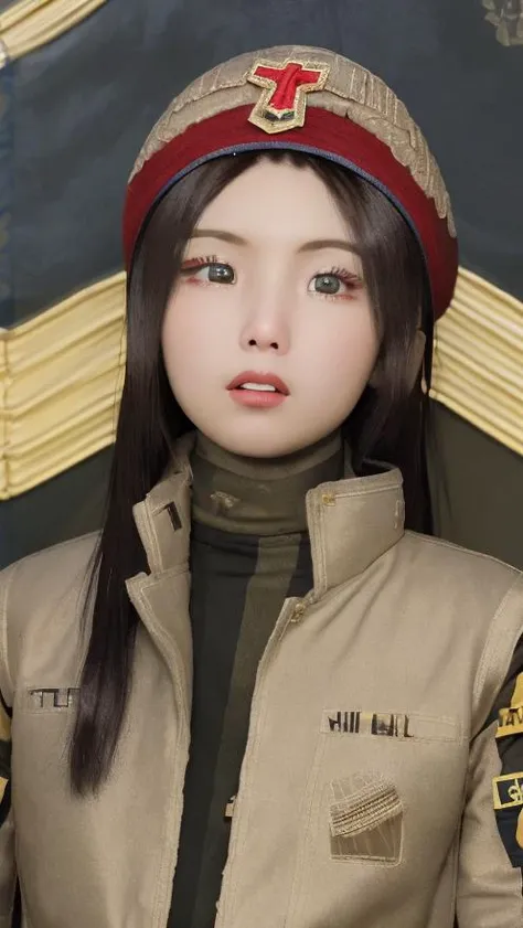 (photorealistic:1.37, hyperrealistic), ((wide angle))
1girl,solo, with serious face and closed mouth, round face,(HQ skin:1.8),(random pose) ((red beret hat with golden eagle medal in the front middle)),((militar uniform:1.8)),(condecorations:1), black turtleneck shirt,
standing at militar camp outdoors and at distance is visible an spaceship