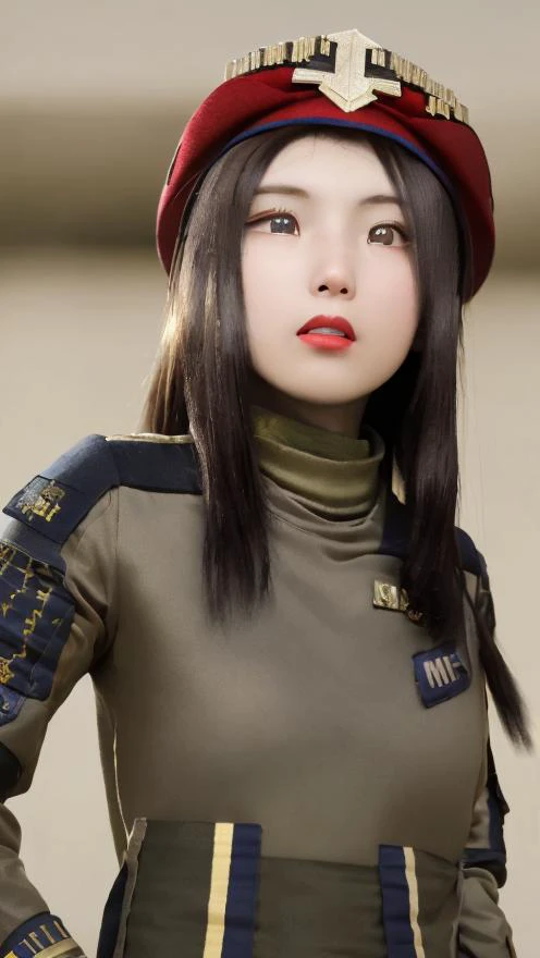 (photorealistic:1.37, hyperrealistic), ((wide angle))
1girl,solo, with serious face and closed mouth, round face,(HQ skin:1.8),(random pose) ((red beret hat with golden eagle medal in the front middle)),((militar uniform:1.8)),(condecorations:1), black turtleneck shirt,
standing at militar camp outdoors and at distance is visible an spaceship