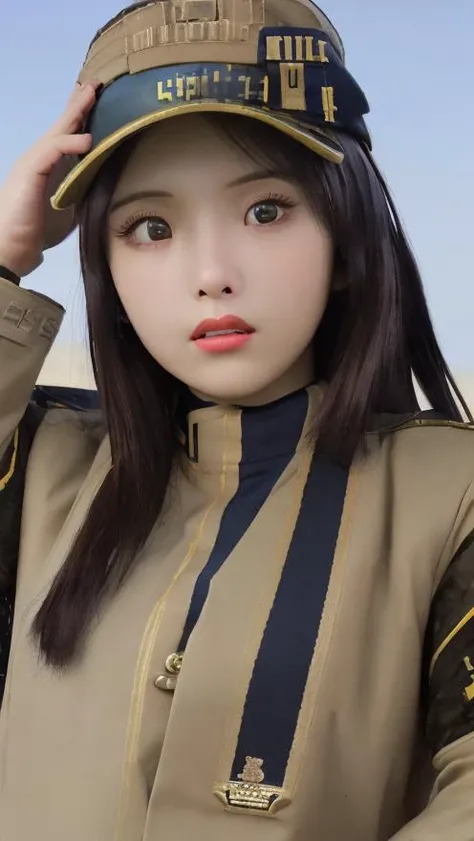 (photorealistic:1.37, hyperrealistic), ((wide angle))
1girl,solo, with serious face and closed mouth, round face,(HQ skin:1.8),(random pose) ((red beret hat with golden eagle medal in the front middle)),((militar uniform:1.8)),(condecorations:1), black turtleneck shirt,
standing at militar camp outdoors and at distance is visible an spaceship