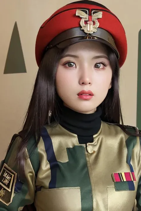 a woman with serious face and closed mouth, round face, ((red beret hat with golden eagle medal in the front middle)),( at militar camp:1.6), ((militar uniform:1.8)),(condecorations:1), black turtleneck shirt,RAW photo, (photorealistic:1.37, realistic), highly detailed CG unified 8K wallpapers, looking at viewer, (((straight from front))), (HQ skin:1.8, shiny skin), 8k uhd, dslr, soft lighting, high quality, film grain, Fujifilm XT3, ((upper body:1.6)),