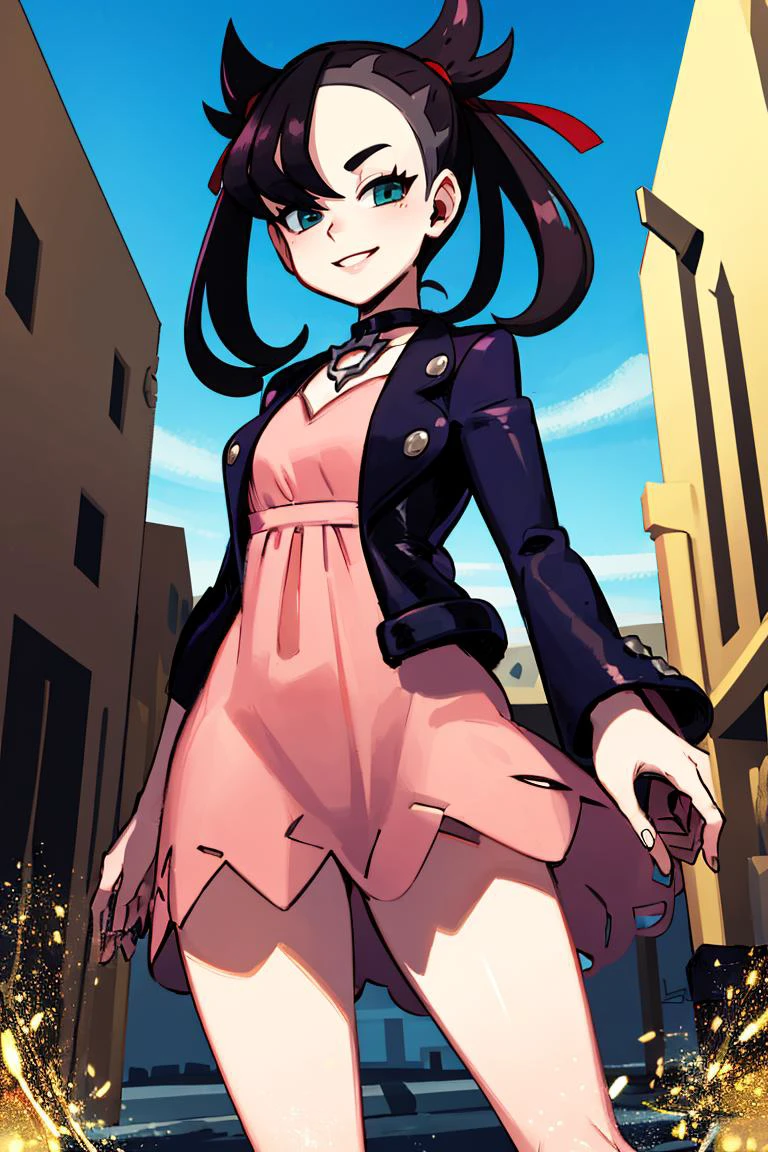 <lora:Alex_Ahad_Style:0.8>, ((masterpiece,best quality)), absurdres, <lora:marnie_v1:0.7>, hmmarnie, aqua eyes, black choker, red ribbon, pink dress, jewelry, black jacket, open clothes, long sleeves, solo, smiling, looking at viewer, cowboy shot, cinematic composition, contrapposto,