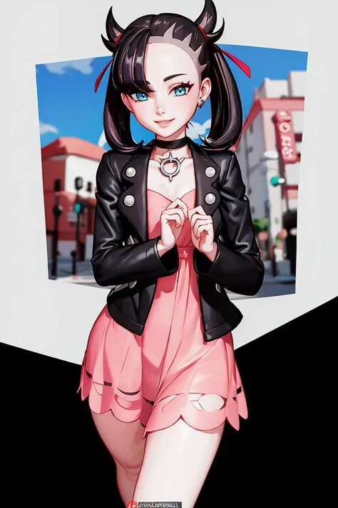 <lora:Rushzilla_Style:0.7>, slim, skinny, ((masterpiece,best quality)), , <lora:marnie_v1:0.7>, hmmarnie, aqua eyes, black choker, red ribbon, pink dress, jewelry, black jacket, open clothes, long sleeves, solo, smiling, looking at viewer, cowboy shot, cinematic composition, contrapposto,