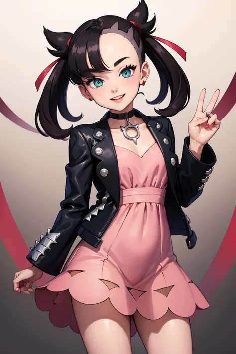((masterpiece,best quality)), absurdres,
<lora:marnie_v1:0.7>, hmmarnie, aqua eyes, black choker, red ribbon, pink dress, jewelry, black jacket, open clothes, long sleeves,
solo, smiling, looking at viewer, cowboy shot,
inematic composition, dynamic pose,