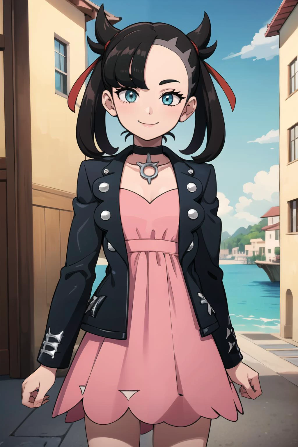((masterpiece,best quality)), absurdres, <lora:marnie_v1:0.7>, hmmarnie, aqua eyes, black choker, red ribbon, pink dress, jewelry, black jacket, open clothes, long sleeves, solo, smiling, looking at viewer, cowboy shot, ,