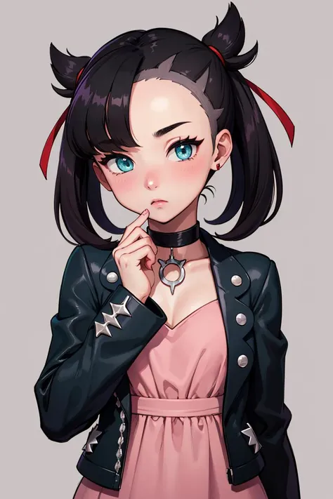 ((masterpiece,best quality)), absurdres,
<lora:marnie_v1:0.7>, hmmarnie, aqua eyes, black choker, red ribbon, pink dress, jewelry, black jacket, open clothes, long sleeves,
solo, o:, blushing,
looking at viewer, upper body,
inematic composition,