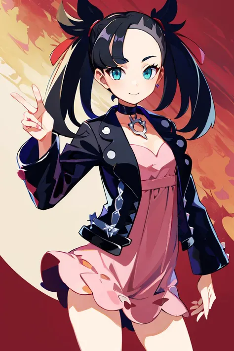 <lora:Harada_Takehito_Style_Dim32:0.8>, ((masterpiece,best quality)), absurdres, <lora:marnie_v1:0.7>, hmmarnie, aqua eyes, black choker, red ribbon, pink dress, jewelry, black jacket, open clothes, long sleeves, solo, smiling, looking at viewer, cowboy shot, cinematic composition, contrapposto,