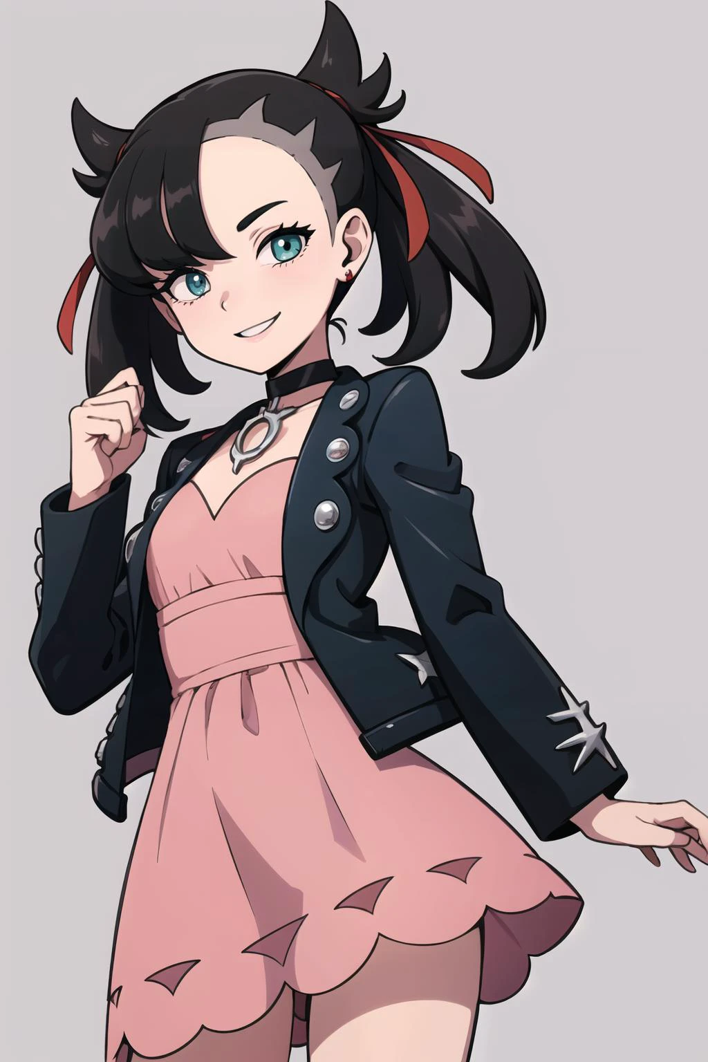 ((masterpiece,best quality)), absurdres, <lora:marnie_v1:0.7>, hmmarnie, aqua eyes, black choker, red ribbon, pink dress, jewelry, black jacket, open clothes, long sleeves, solo, smiling, looking at viewer, cowboy shot, ,