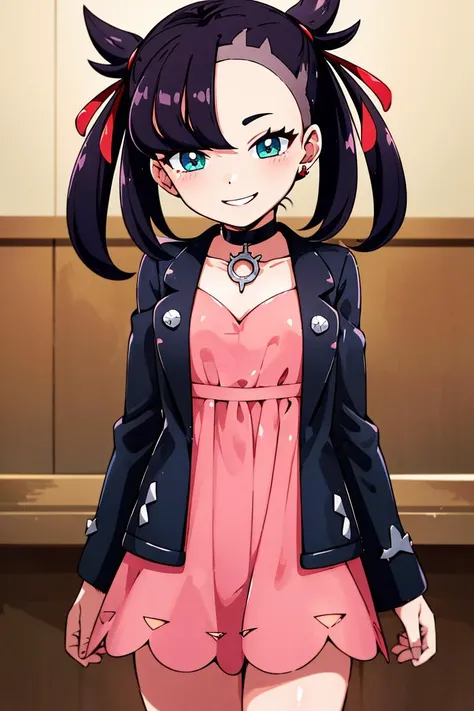 <lora:hoshino_fuuta_style:0.8>,((masterpiece,best quality)), absurdres, <lora:marnie_v1:0.7>, hmmarnie, aqua eyes, black choker, red ribbon, pink dress, jewelry, black jacket, open clothes, long sleeves, solo, smiling, looking at viewer, cowboy shot, cinematic composition, contrapposto,