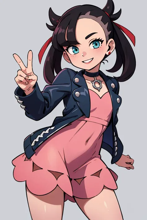 ((masterpiece,best quality)), absurdres, <lora:marnie_v1:0.7>, hmmarnie, aqua eyes, black choker, red ribbon, pink dress, jewelry, black jacket, open clothes, long sleeves, solo, smiling, looking at viewer, cowboy shot, inematic composition, dynamic pose, contrapposto,