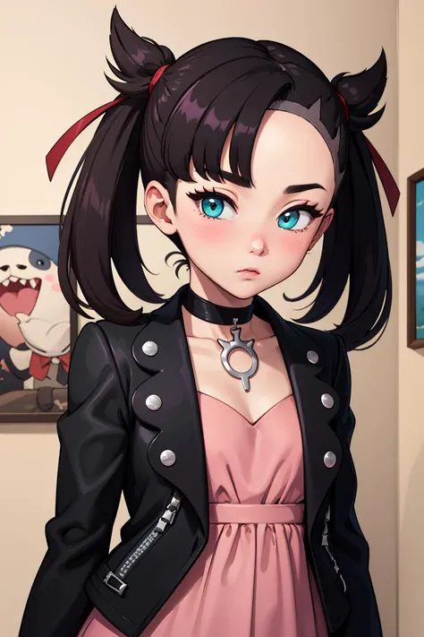 ((masterpiece,best quality)), absurdres,
<lora:marnie_v1:0.7>, hmmarnie, aqua eyes, black choker, red ribbon, pink dress, jewelry, black jacket, open clothes, long sleeves,
solo, o:, blushing,
looking at viewer, upper body,
inematic composition,