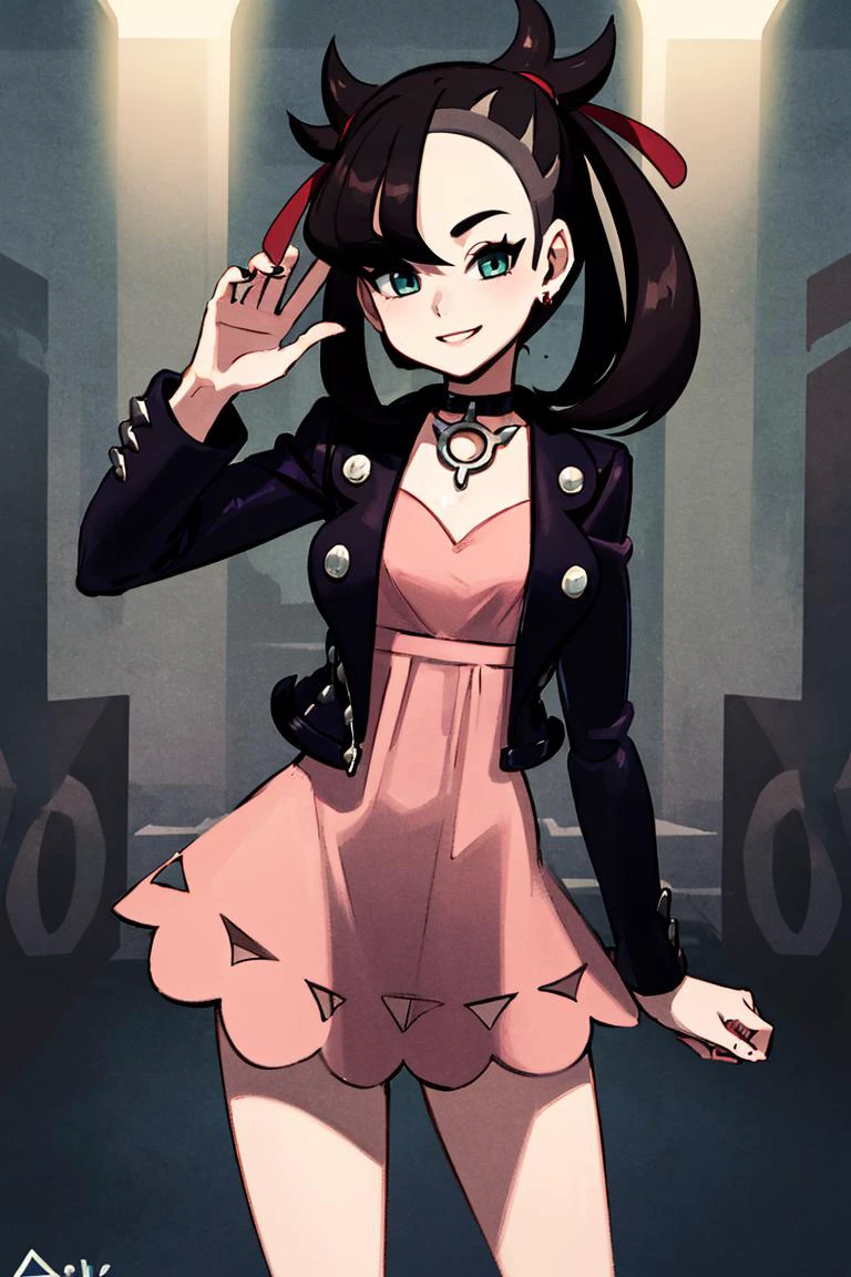 <lora:Alex_Ahad_Style:0.8>, ((masterpiece,best quality)), absurdres, <lora:marnie_v1:0.7>, hmmarnie, aqua eyes, black choker, red ribbon, pink dress, jewelry, black jacket, open clothes, long sleeves, solo, smiling, looking at viewer, cowboy shot, cinematic composition, contrapposto,