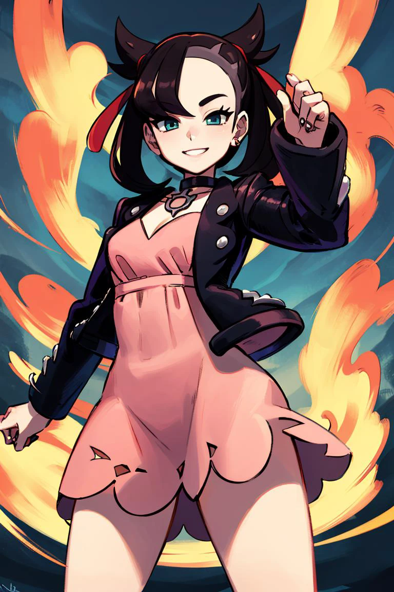 <lora:Alex_Ahad_Style:0.8>, ((masterpiece,best quality)), absurdres, <lora:marnie_v1:0.7>, hmmarnie, aqua eyes, black choker, red ribbon, pink dress, jewelry, black jacket, open clothes, long sleeves, solo, smiling, looking at viewer, cowboy shot, cinematic composition, contrapposto,