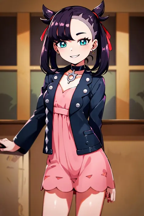 <lora:hoshino_fuuta_style:0.8>,((masterpiece,best quality)), absurdres, <lora:marnie_v1:0.7>, hmmarnie, aqua eyes, black choker, red ribbon, pink dress, jewelry, black jacket, open clothes, long sleeves, solo, smiling, looking at viewer, cowboy shot, cinematic composition, contrapposto,