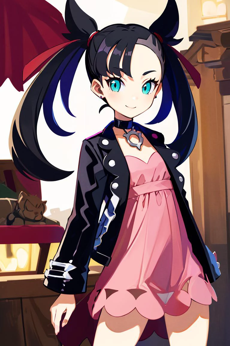 ((masterpiece,best quality)), absurdres, <lora:marnie_v1:0.7>, hmmarnie, aqua eyes, black choker, red ribbon, pink dress, jewelry, black jacket, open clothes, long sleeves, solo, smiling, looking at viewer, cowboy shot, cinematic composition, contrapposto,