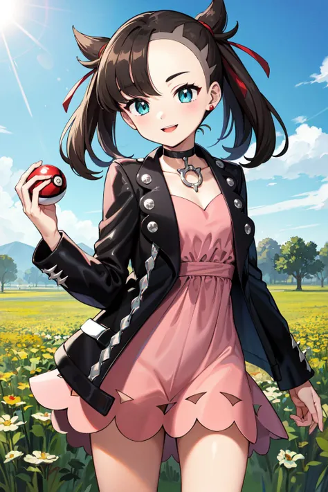 masterpiece, best quality, highres, hmmarnie, aqua eyes, black choker, red ribbon, pink dress, jewelry, black jacket, open clothes, long sleeves, <lora:marnie_v1:0.7>,  cowboy shot, standing, field, holding poke ball, poke ball \(basic\), smile, open mouth,