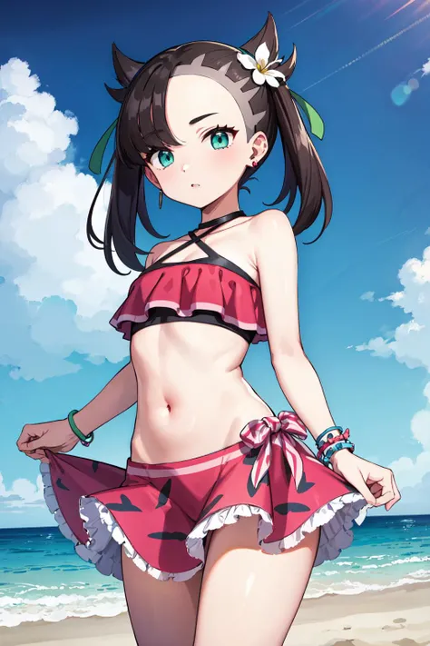 masterpiece, best quality, highres, hmmarnie, aqua eyes, green ribbon, hair flower, earrings, jewelry, halterneck, bracelet, navel, pink swimsuit, frilled bikini, sarong, <lora:marnie_v1:0.7>, cowboy shot, standing, beach