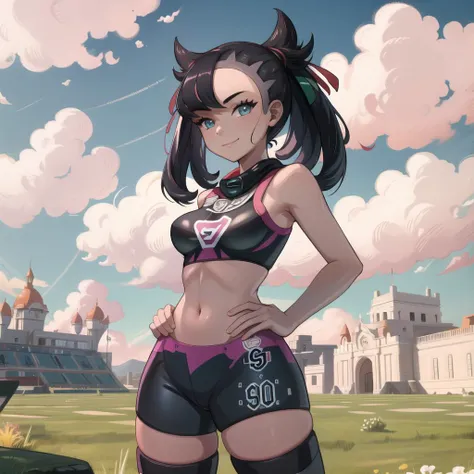 Highly detailed, High Quality, Masterpiece, beautiful, 1girl, solo, cowboy shot, light smile, striped thighhighs, marnie_(pokemon), outside, field, clouds, grass, looking at viewer, hands on hips, <lora:marnie_v1:1>, medium breasts, sports bra, yoga pants, sexy,