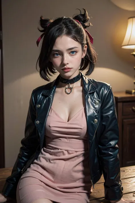 Best quality, masterpiece, ultra high res, raw photo, beautiful and aesthetic,deep shadow, dark theme,(photorealistic:1.4),
((hmmarnie, (blue eyes), black choker, red ribbon, pink dress, jewelry, black jacket, open clothes, long sleeves)),
Graceful poise, evocative atmosphere, magnetic presence, refined seduction, captivating mystique,
Intricate zentangle patterns, a single female figure, astonishing level of detail, generously endowed, portrait composition, striking perspective, a chaotic masterpiece, gracefully poised, inspired by brutalist architecture, vibrant color palette, undertones,
