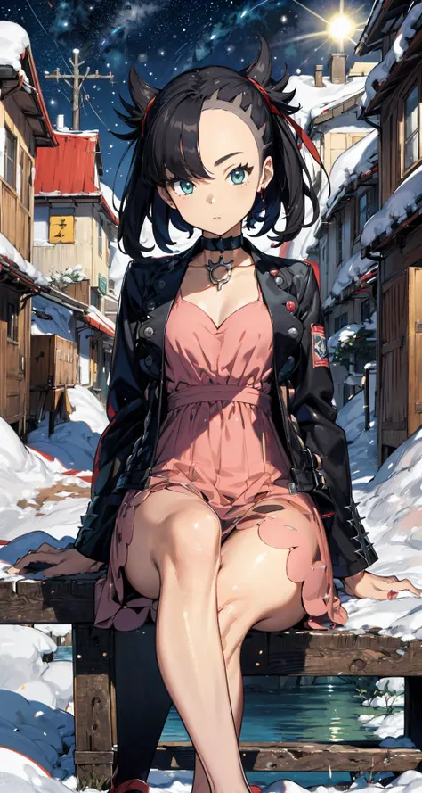 (((hmmarnie, aqua eyes, black choker, red ribbon, pink dress, jewelry, black jacket, open clothes, long sleeves)))The image is a masterpiece of the best quality, set in a winter snow field. It features a girl with short hair , sitting alone in the snow. She is looking directly at the viewer   The scene is set against a backdrop of a clear sky, sun, mountains, forest, and a serene lake. The image is in absurd resolution, providing high detail and ultra-detailed elements.
he girl adds additional details to the image, enhancing its beauty and elegance. Using the Lora style, which incorporates elements of anime-tarot-card-art, the image showcases a full-body view of the girl. The background is transformed into a starry sky, further enhancing the enchanting atmosphere. The overall design exudes a sense of craftsmanship, skill, and artistic flair.
<lora:add_detail:0.5>  <lora:anime-tarot-card-art-style-lora-v3.1:0.7> <lora:marnie_v1:1>