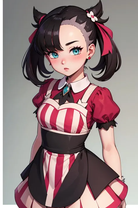 ((masterpiece,best quality)), absurdres,
<lora:marnie_v1:0.7>, hmmarnie, aqua eyes, hair ornament, earrings, jewelry, vertical-striped dress, black apron, short sleeves, wrist cuffs, black thighhighs
solo, blushing, bright red blush,
looking at viewer, upper body,
inematic composition,