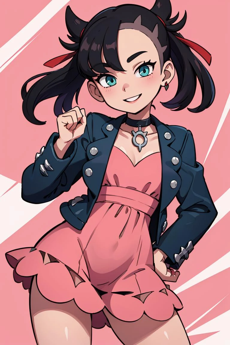 ((masterpiece,best quality)), absurdres, <lora:marnie_v1:0.7>, hmmarnie, aqua eyes, black choker, red ribbon, pink dress, jewelry, black jacket, open clothes, long sleeves, solo, smiling, looking at viewer, cowboy shot, inematic composition, dynamic pose, contrapposto,