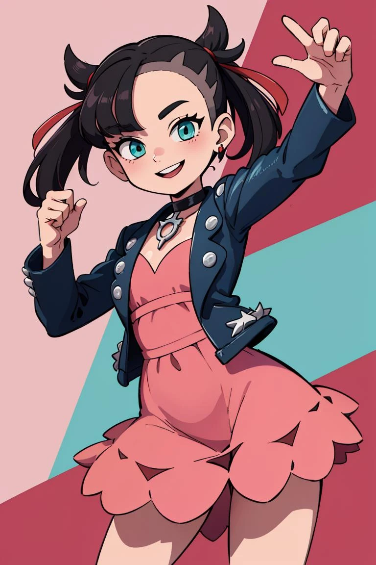 ((masterpiece,best quality)), absurdres, <lora:marnie_v1:0.7>, hmmarnie, aqua eyes, black choker, red ribbon, pink dress, jewelry, black jacket, open clothes, long sleeves, solo, smiling, looking at viewer, cowboy shot, inematic composition, dynamic pose, contrapposto,