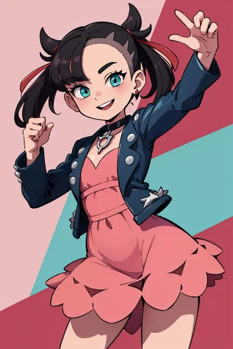 ((masterpiece,best quality)), absurdres, <lora:marnie_v1:0.7>, hmmarnie, aqua eyes, black choker, red ribbon, pink dress, jewelry, black jacket, open clothes, long sleeves,  solo, smiling, looking at viewer, cowboy shot,  inematic composition, dynamic pose, contrapposto,